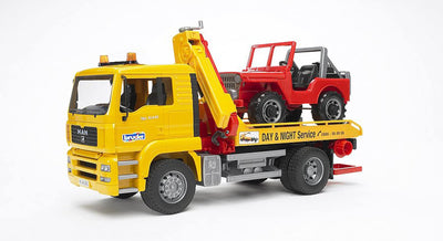 bruder 02750 - Man TGA Abschlepp-LKW mit Geländewagen - 1:16 Abschleppwagen, Abschlepper, Fahrzeug, LKW, Auto, Jeep, Werkstatt, Geländewagen