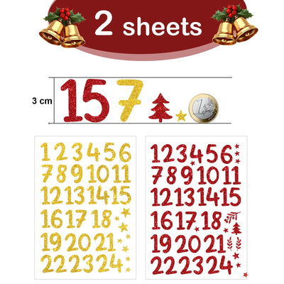 2 Bögen Bügelbild zum Aufbügeln Adventskalender Zahlen 1-24 Aufbügler Glitzer Adventszahlen Aufkleber Personalisierte Bügelbilder für Stofftasche Bügelfolie für Textilen Papier Holz Boxen Rot Gold