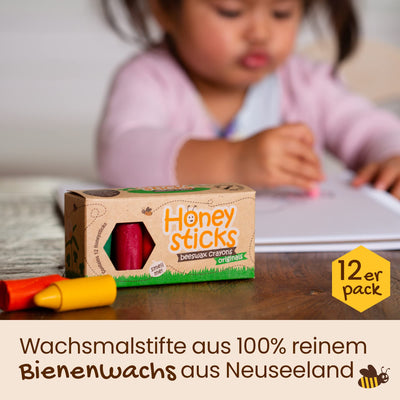 Honeysticks Wachsmalstifte (12er-Pack) - Ungiftige Babymalstifte aus Natürlichem Bienenwachs, Wachsmalstifte Ab 1 Jahr, Leicht zu Greifende Buntstifte Baby, Umweltschonend und Kleinkindfreundlich