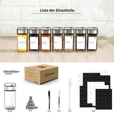 Miorkly 12 Gewürzgläser Eckig,120ML Gewürzdosen Set mit Streueinsatz,Gewürzstreuer mit Drehdeckel-Starke Versiegelung,Edelstahl-Glas Gewürz Organizer inklusive Trichter, Etikett und Stift
