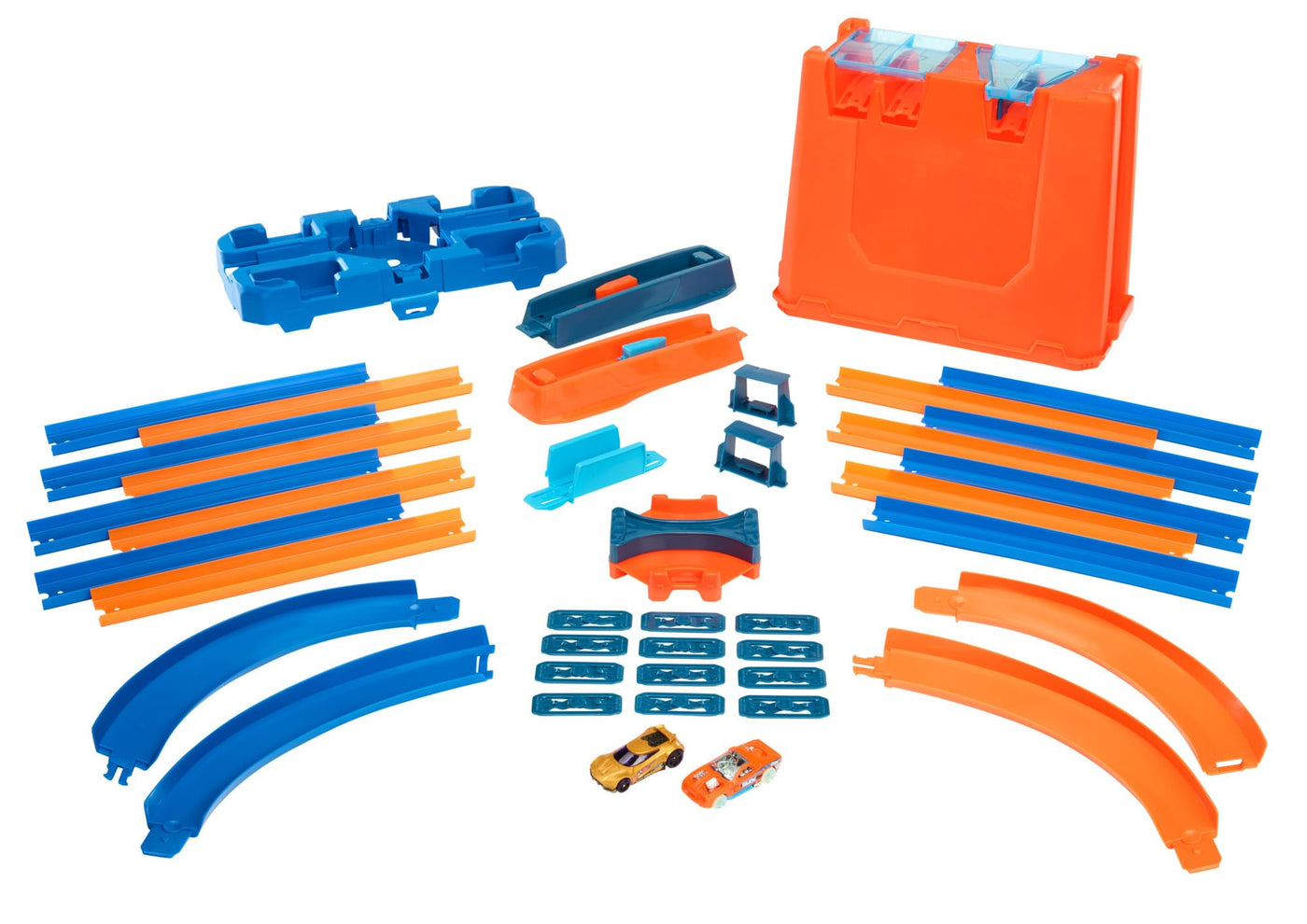 Hot Wheels Bahn Track Builder, Autorennbahn Bauset für Hot Wheels Autos, inkl. 2 Spielzeugautos, Spurwechsler, steile Kurven, Crashzone, Auto Spielzeug, Spielzeug ab 4 Jahre, GGP93