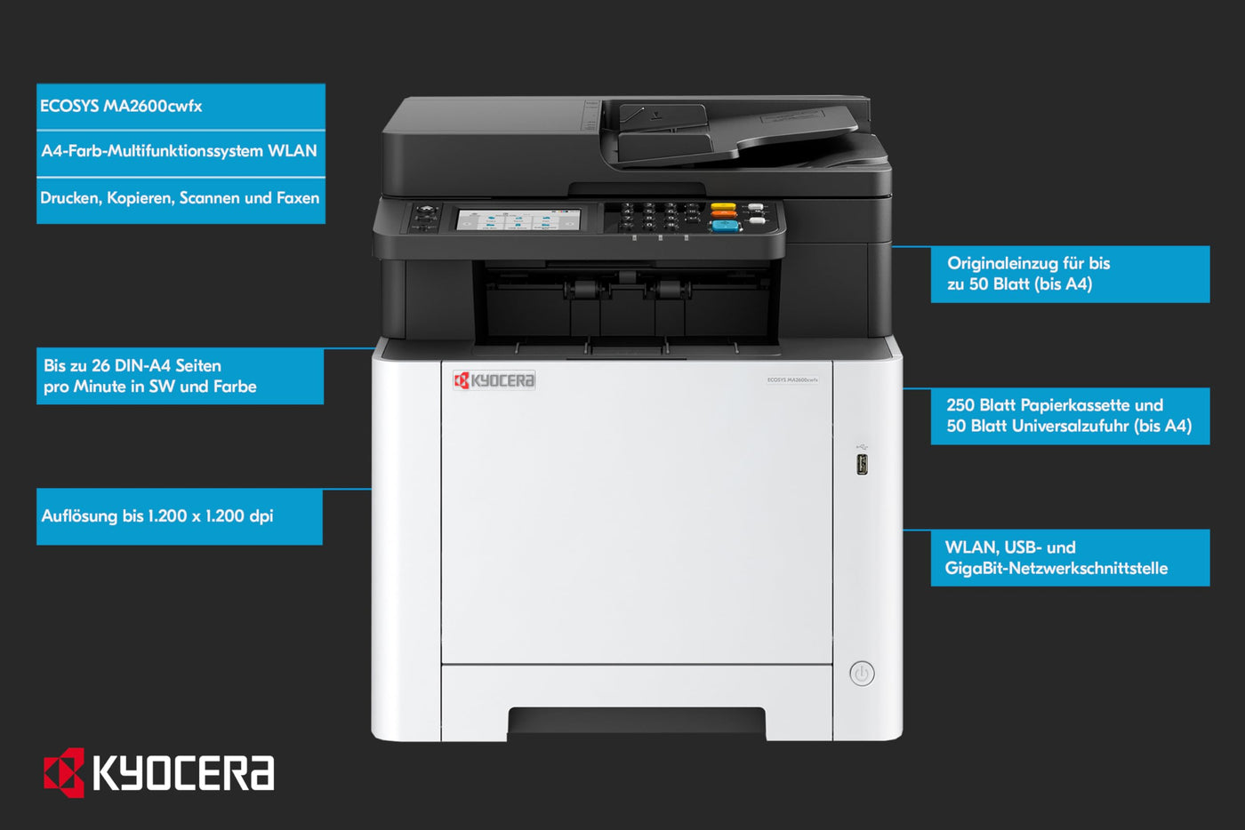 Kyocera Ecosys MA2600cwfx Farblaserdrucker Multifunktionsgerät WLAN: Drucker Scanner Kopierer, Faxgerät. Multifunktionsdrucker inkl. Mobile-Print-Funktion.