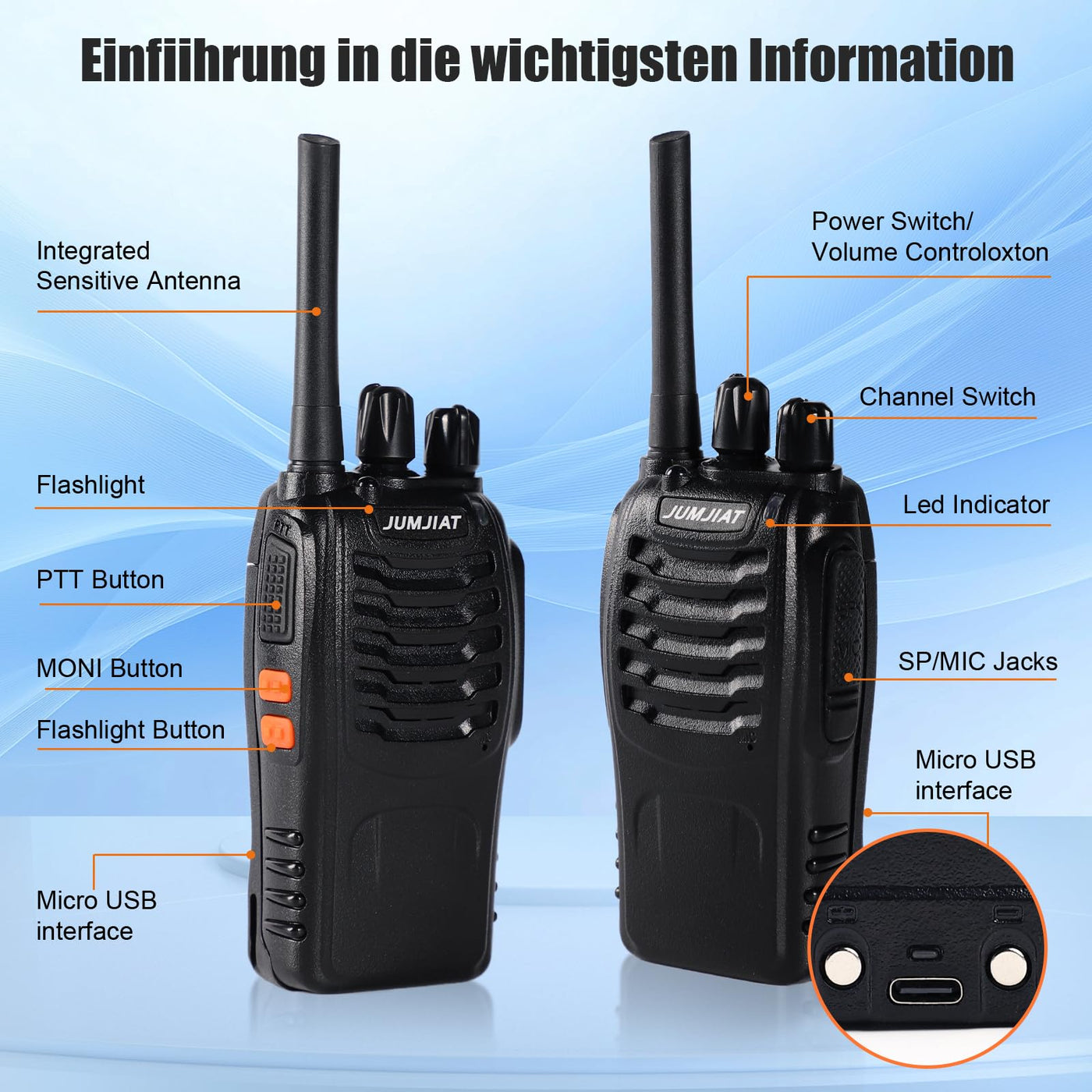 JUMJIAT Walkie -Talkie 16 Kanälegroße Reichweite Funkgeräte,Walkies talkies Eingebauter LED Taschenlampe, USB-Ladestation Cable mit Type-C und Headset (2 Stück)