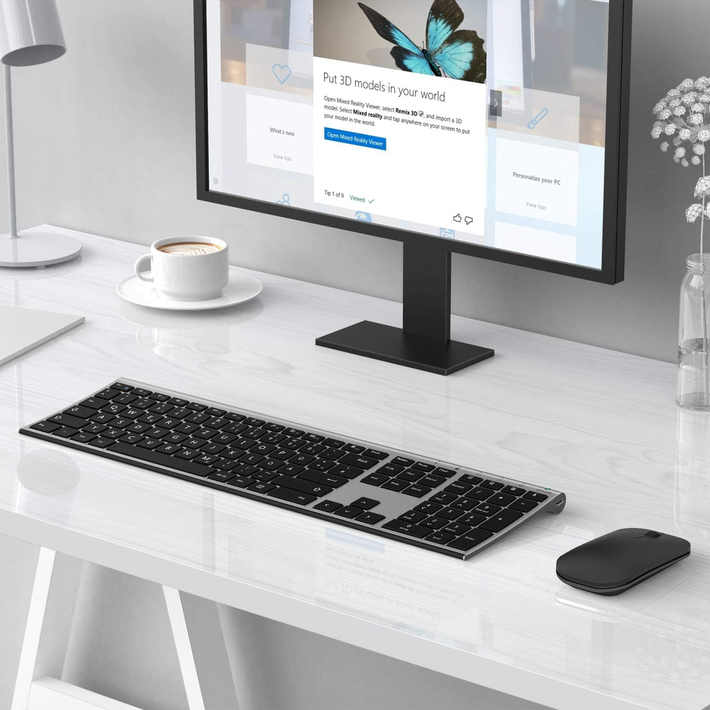 Kabelloses Tastatur Maus Set, seenda 2.4G Ultraflach Wireless Tastatur und Maus Aufladbar aus Aluminium, Deutsch QWERTZ Funktastatur Dünn für Windows/PC, Computer, Laptop, Smart-TV, Grau und Schwarz