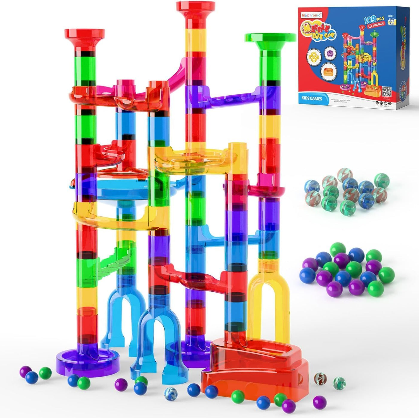 Murmelbahn Logikspiele Mehrfarbige kugelbahn 109 Stück transparent Bahnelementen und murmeln STEM Marble Rush Doppelspiel Spielzeug Geschenk für Kinder Jungen Mädchen ab 3-12 Jahre
