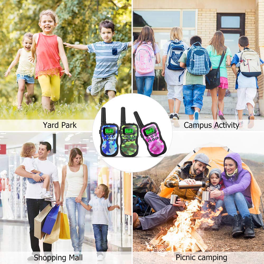 Nestling Walkie Talkie 3 Stück, Verbesserte Version Camouflage 8 Kanäle, 2-Wege-Radio-Spielzeug mit Hintergrundbeleuchtung LCD-Taschenlampe, 3 KM Reichweite für Kinder, Indoor-Outdoor-Aktivität