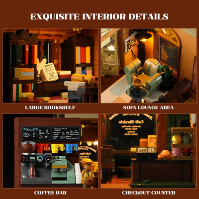 Funwhole Buchcafé Beleuchtetes Baukasten Set - Stadtkaffeehaus LED Licht Modularer BAU Modellsets 1718 Stücke für Erwachsene und Jugendliche