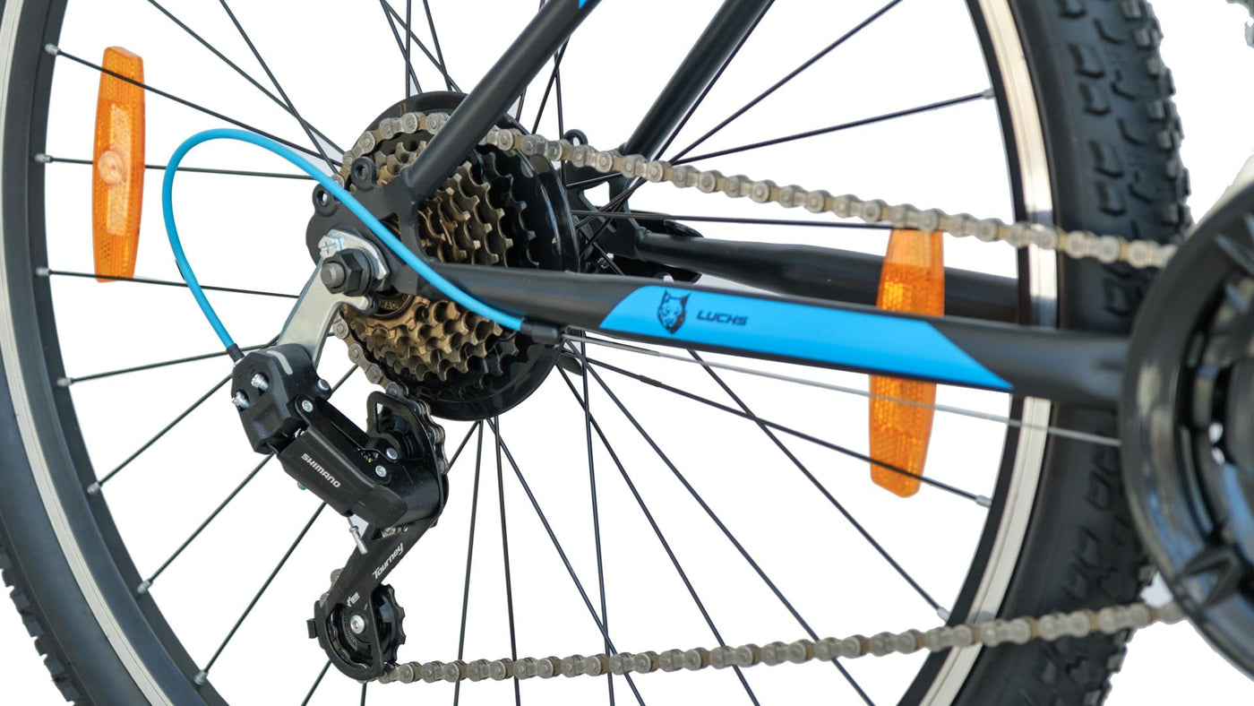 LUCHS "Kaku & Titan Mountainbike, MTB Jungen und Herrenfahrrad Vielseitiges Fahrrad mit 24", 26", 27.5" oder 29" und Federgabel (Schwarz/Blau, 26" Zoll (V-Brake))