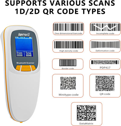 LENVII Mini Wireless Barcode Scanner Bluetooth 3-in-1 Portable Barcode Reader kabellos 1D/2D/QR Code Scanner mit Display Barcode Leser WIN/Android/iOS für Geschäft, Supermarkt, Lager(Weiß)