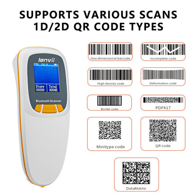 LENVII Mini Wireless Barcode Scanner Bluetooth 3-in-1 Portable Barcode Reader kabellos 1D/2D/QR Code Scanner mit Display Barcode Leser WIN/Android/iOS für Geschäft, Supermarkt, Lager(Weiß)