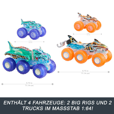 Hot Wheels Monster Trucks Spielzeugtruck & Big Rig Multipack, Mega-Wrex & Tigerhai im Maßstab 1:64 mit Big Rigs in passender Power Smashers-Deko, HYJ29