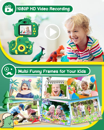 GREENKINDER Kinderkamera,2.0”-Bildschirm Kinder Kamera mit 32GB Karte, 20MP & 1080P HD Selfie Digitalkamera Kinder, Dinosaurier Geschenke für 3-12 Jahre Jungen und Mädchen