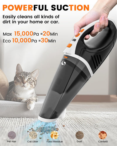 SERVOMASTER Handstaubsauger 15000Pa, Handstaubsauger Akku Kabellos mit Hoher Leistung, 2 Geschwindigkeitsstufen und LED-Licht, Mini Staubsauger mit waschbarem HEPA-Filter für Auto, Büro und Haustier