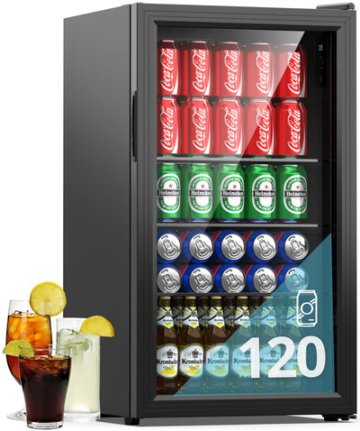 WIE Getränkekühlschrank Mini Kühlschrank mit Doppelte Glastür mit Verstellbaren Ablagen Indoor Outdoor Klein Bierkühlschrank Wendetür Leise 86 Liter 120 Dosen für Soda/Bier für Zuhause/Küche/Bar/Büro