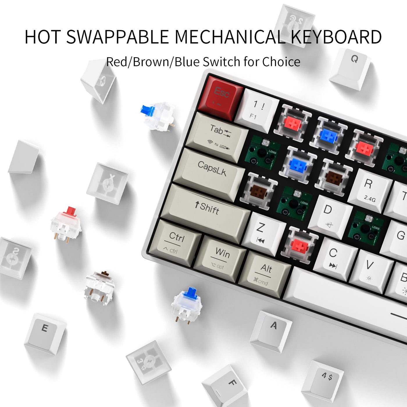 Newmen GM610 Gaming Tastatur Kabellos,60% Prozent Mechanische Bluetooth/2.4Ghz/Mit Kabel,61 Tasten RGB Beleuchtung Hot Swap Anti Ghosting TKL Mini QWERTY Keyboard für PC/Win/Mac,Rote Schalter