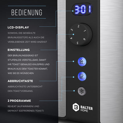 Balter Toaster 4 Scheiben, Langschlitz, Edelstahl, Brötchenaufsatz, LCD Display mit Restzeitanzeige, Auftaufunktion, Brotzentrierung, Krümelschublade, TS-04-LCD, Farbe: Silber