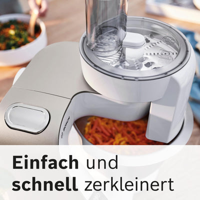 Bosch Küchenmaschine Serie 4 MUM5XW20, Edelstahl-Schüssel 3,9 L, integrierte Waage, Mixer 1,25 L, Profi-Knethaken, Schnee-, Silikonbesen, Durchlaufschnitzler, 4 Scheiben, 1000 W, Weiß/Silber
