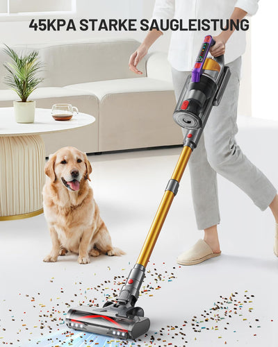Kissof Akku Staubsauger, 45000Pa/550W/70 Mins Staubsauger Kabellos Mit Selbststehende Funktion, Anti-Tangle-Bodenbürste, Duftkarte, Hocheffizientes Hypa-Filtersystem für Hartböden Teppiche Tierhaare