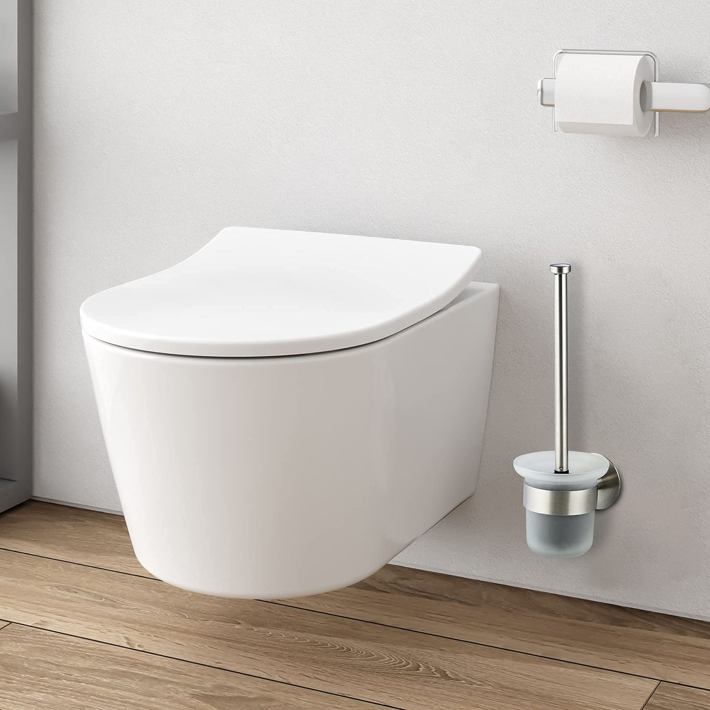 MaxDoux Klobürste- Toilettenbürste Ohne Bohren Wandmontage WC Bürste mit Halter Edelstahl und Glas Klobürstenhalter WC Garnitur für Bad und WC