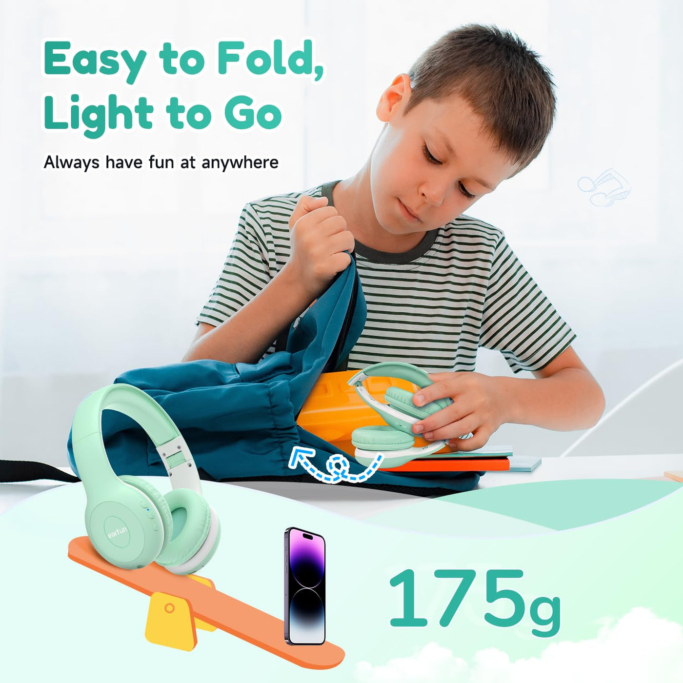 EarFun Bluetooth Kopfhörer Kinder, 85/94dB Lautstärkeregelung, HiFi Sound, HD-Mikrofon, 40 Std Akku, Faltbare, Einstellbar, Kopfhörer Kabellos Bluetooth Kinder für Schule/Reise/PC, Grün
