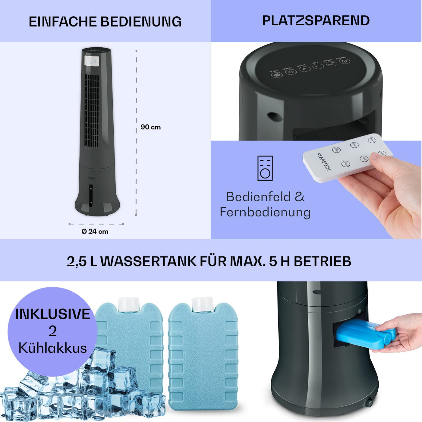 Klarstein Klimaanlage ohne Abluftschlauch, 4-in-1 Air Cooler, Leiser Ventilator, Luftbefeuchter & Nachtmodus, Mobiles Klimagerät mit Wasserkühlung, Luftkühler 40 Watt, Luftstrom 530m³/h, Silbergrau