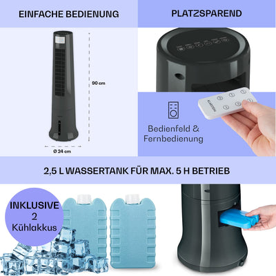 Klarstein Klimaanlage ohne Abluftschlauch, 4-in-1 Air Cooler, Leiser Ventilator, Luftbefeuchter & Nachtmodus, Mobiles Klimagerät mit Wasserkühlung, Luftkühler 40 Watt, Luftstrom 530m³/h, Silbergrau