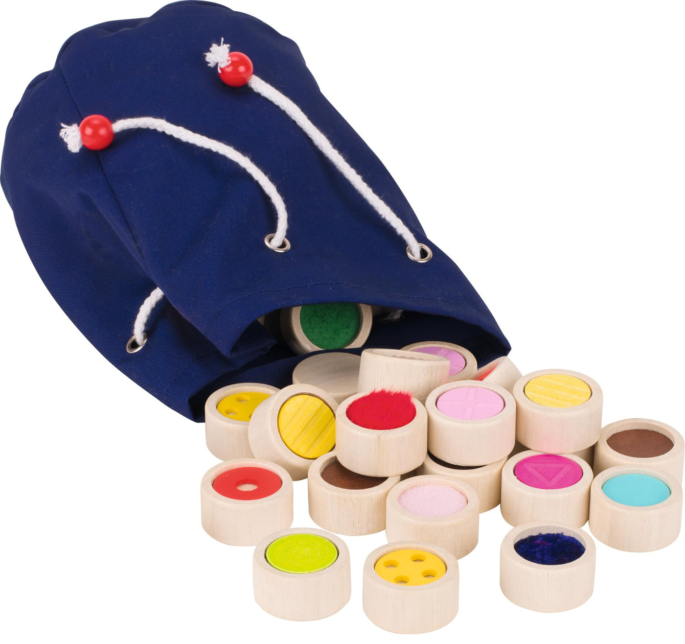 goki 59004 Fühlmemo Holz und Textil, Taktiles Lernspiel für die ganze Familie, unterschiedliche Oberflächen, Förderung Feinmotorik und Tastsinn, 32-er Set, ab 3 Jahren