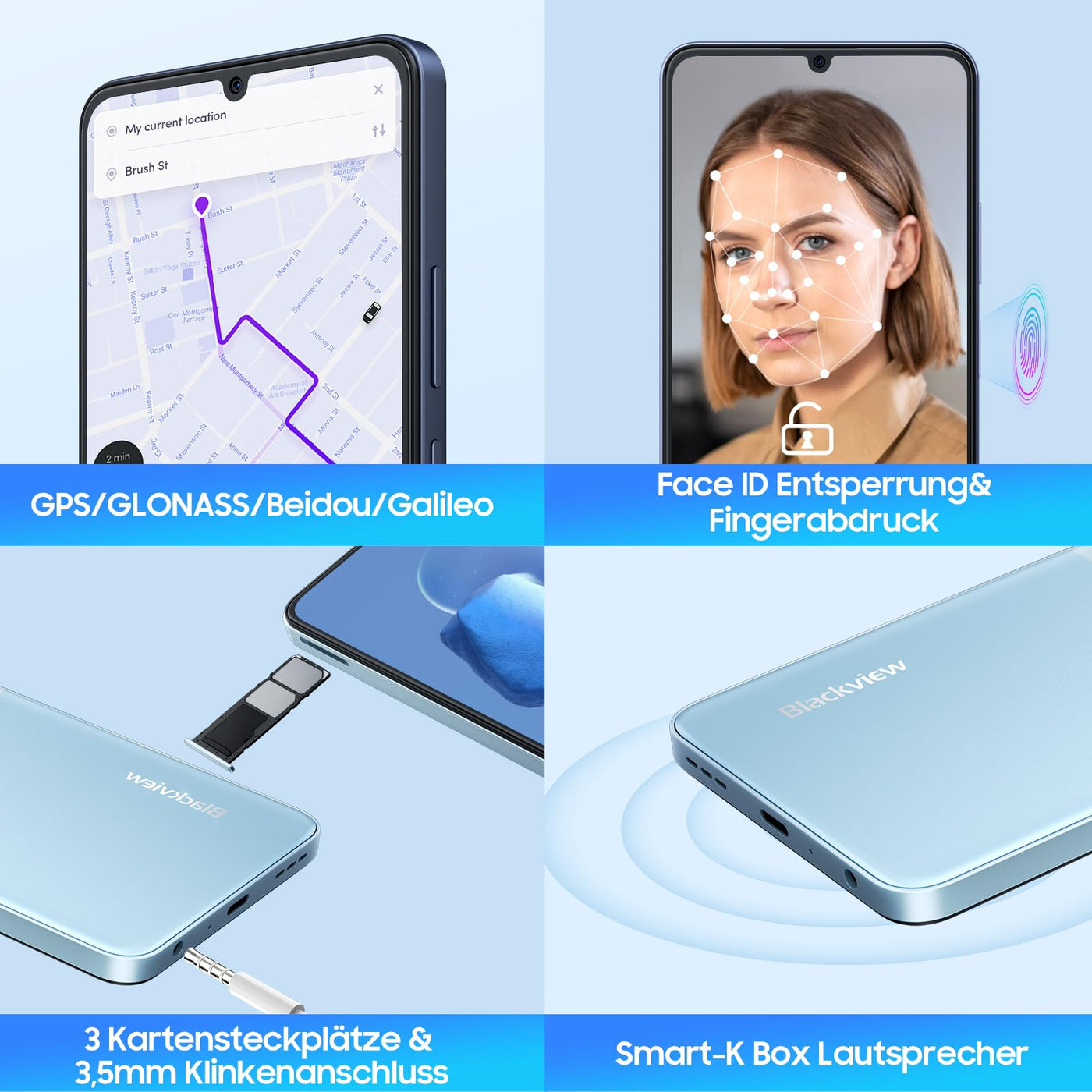 Blackview Color 8 Handy Ohne Vertrag, 16GB+256GB/1TB erweiterbar Android 13 Smartphone Günstig 6000mAh, T616 Octa-Core, 90Hz/6.75" HD+, 50MP Kamera, Fingerprint/3.5mm Jack/4G Dual SIM/Simlockfreie