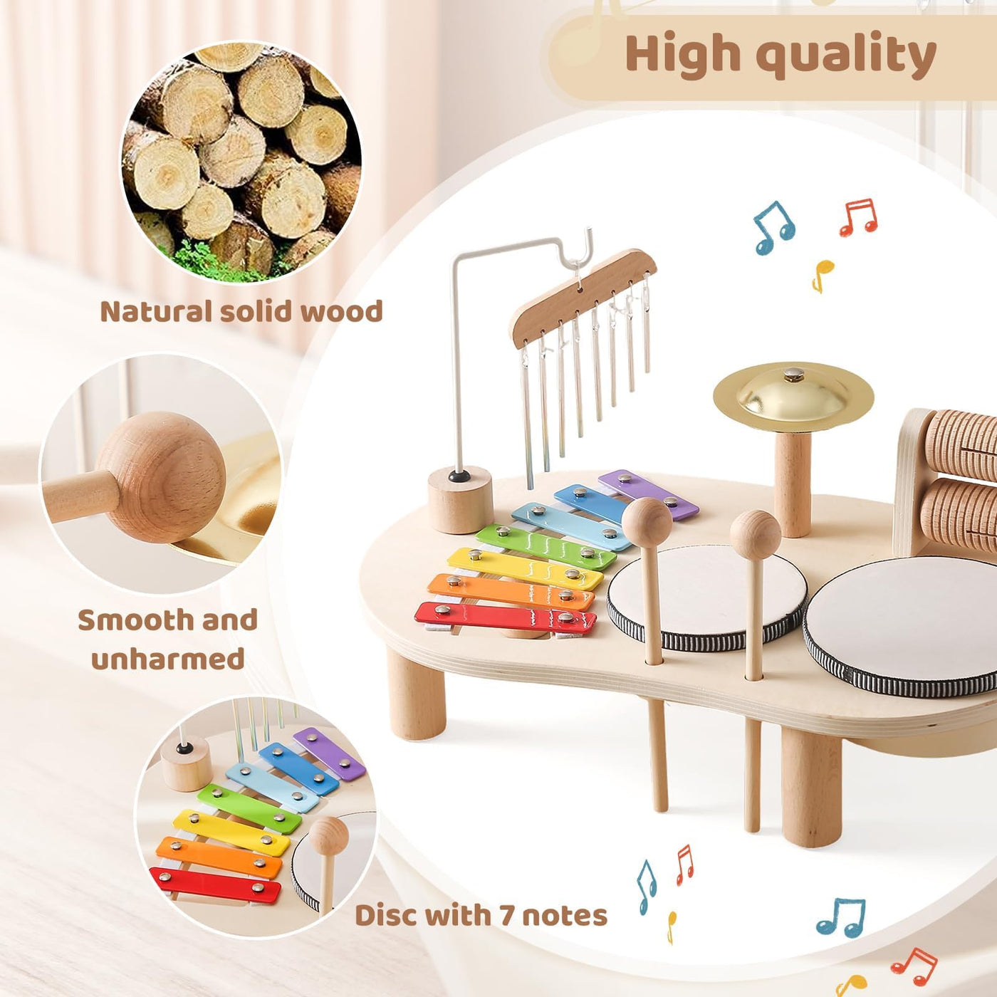 Mamimami Home Musikinstrumente für Kinder ab 1 Jahr ,Trommel Set ,Montessori Lernspielzeug Schlagzeug Mit Xylophon Baby Holz,7 In 1,Musical Spielzeug