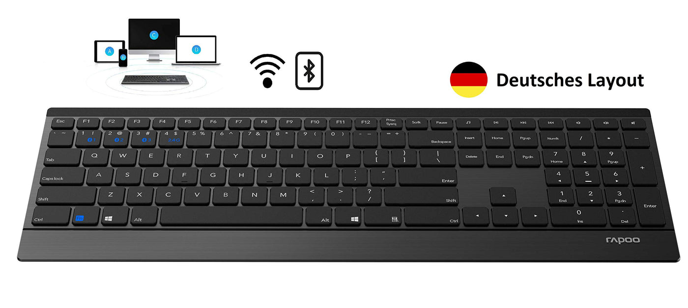 Rapoo 9500M kabelloses Tastatur-Maus Set Wireless Deskset 1600 DPI Sensor 12 Monate Batterielaufzeit flaches Aluminium Design DE-Layout QWERTZ PC & Mac - schwarz