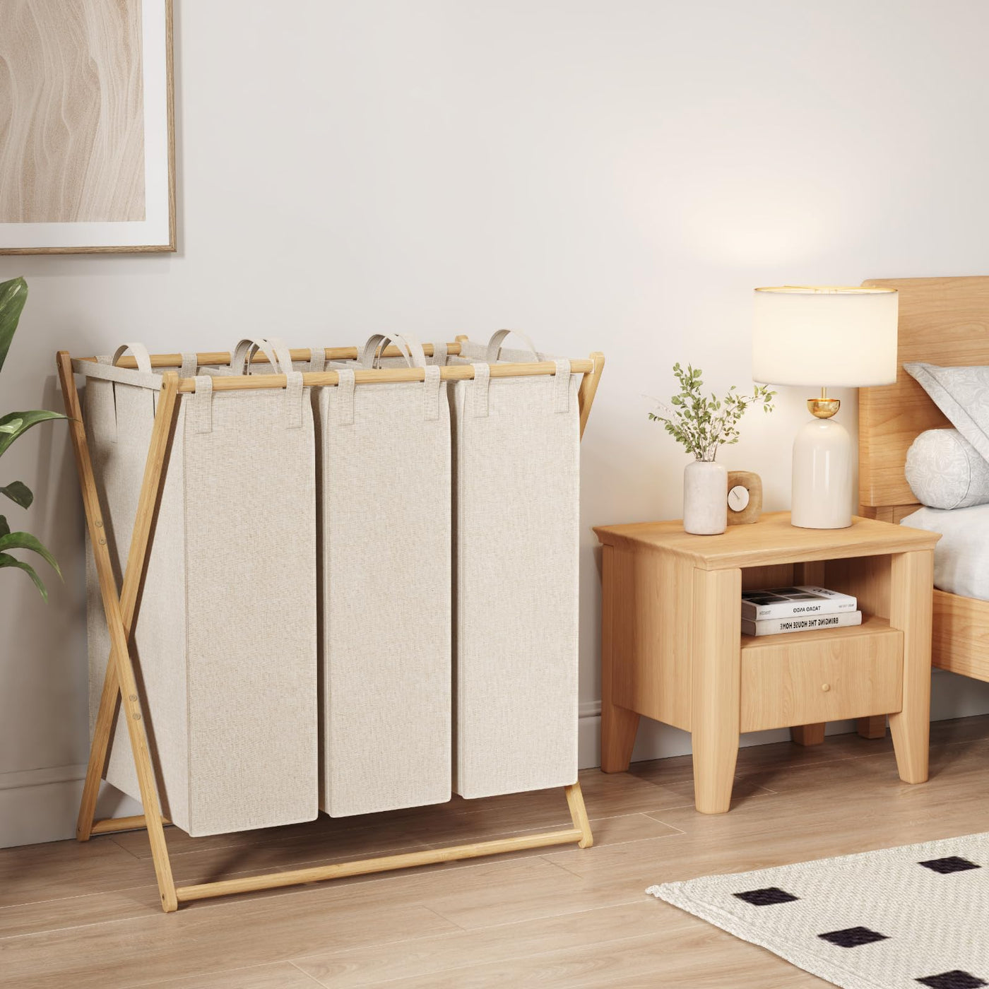 Lifewit 3 Fächer Faltbare 150L Wäschekorb Großer Bambus Frame Wäschesammler Wäschesack Faltbare Schmutzige Kleidung Sorter mit 3 Abnehmbaren Taschen，Wäschesortierer Bambus Beige