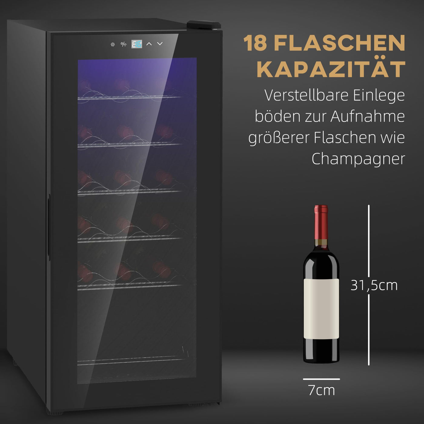 HOMCOM Weinkühlschrank Kompressor für 18 Flaschen, 50 L Getränkekühlschrank mit Glastür, 5-18°, Weinschrank mit Touchschlater, LED-Anzeige, Schwarz