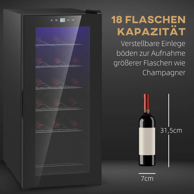 HOMCOM Weinkühlschrank Kompressor für 18 Flaschen, 50 L Getränkekühlschrank mit Glastür, 5-18°, Weinschrank mit Touchschlater, LED-Anzeige, Schwarz