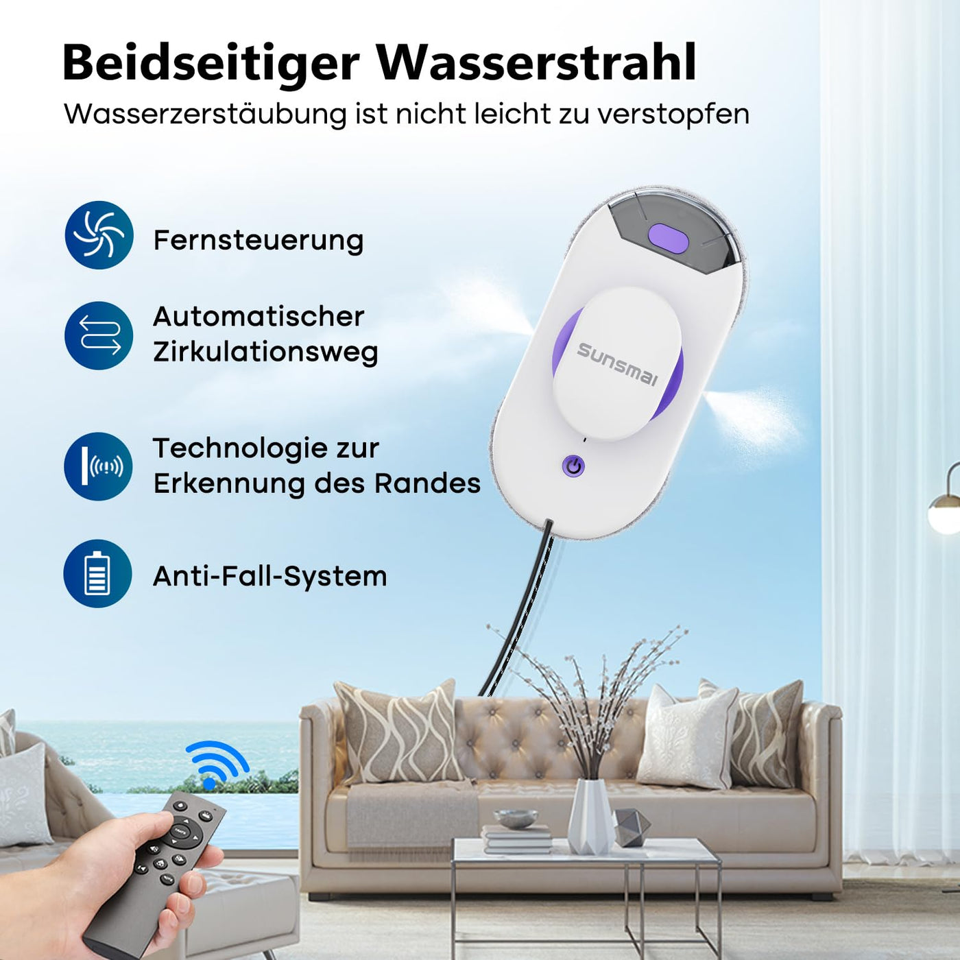 SUNSMAI Dual Side Spray Fensterputzroboter, Anti-verstopfungsfreie Elektrisch Automatischer Fensterroboter mit Wassersprühfunktion,3800pa Starke Anti-Drop Automatischer Fensterputzer,12 Tücher (Lila)