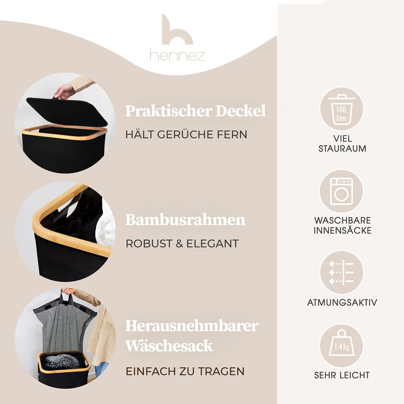 HENNEZ Wäschekorb mit Deckel – Wäschekorb mit Griff aus Bambus – Wäschekorb, faltbar, 100 l – Wäschekorb für Waschküche, Wäschekorb, Schwarz