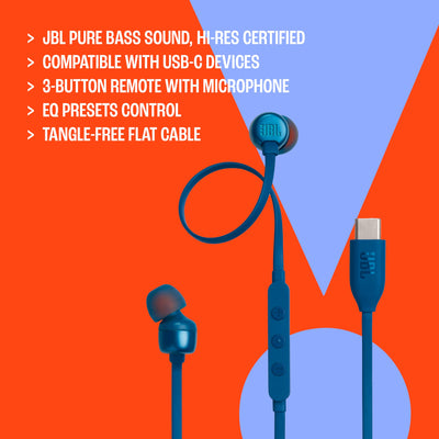 JBL Tune 310 C Kopfhörer – Kabelgebundene In-Ear-Kopfhörer mit JBL Pure Bass Sound, Mikrofon und USB-C-Anschluss – Blau