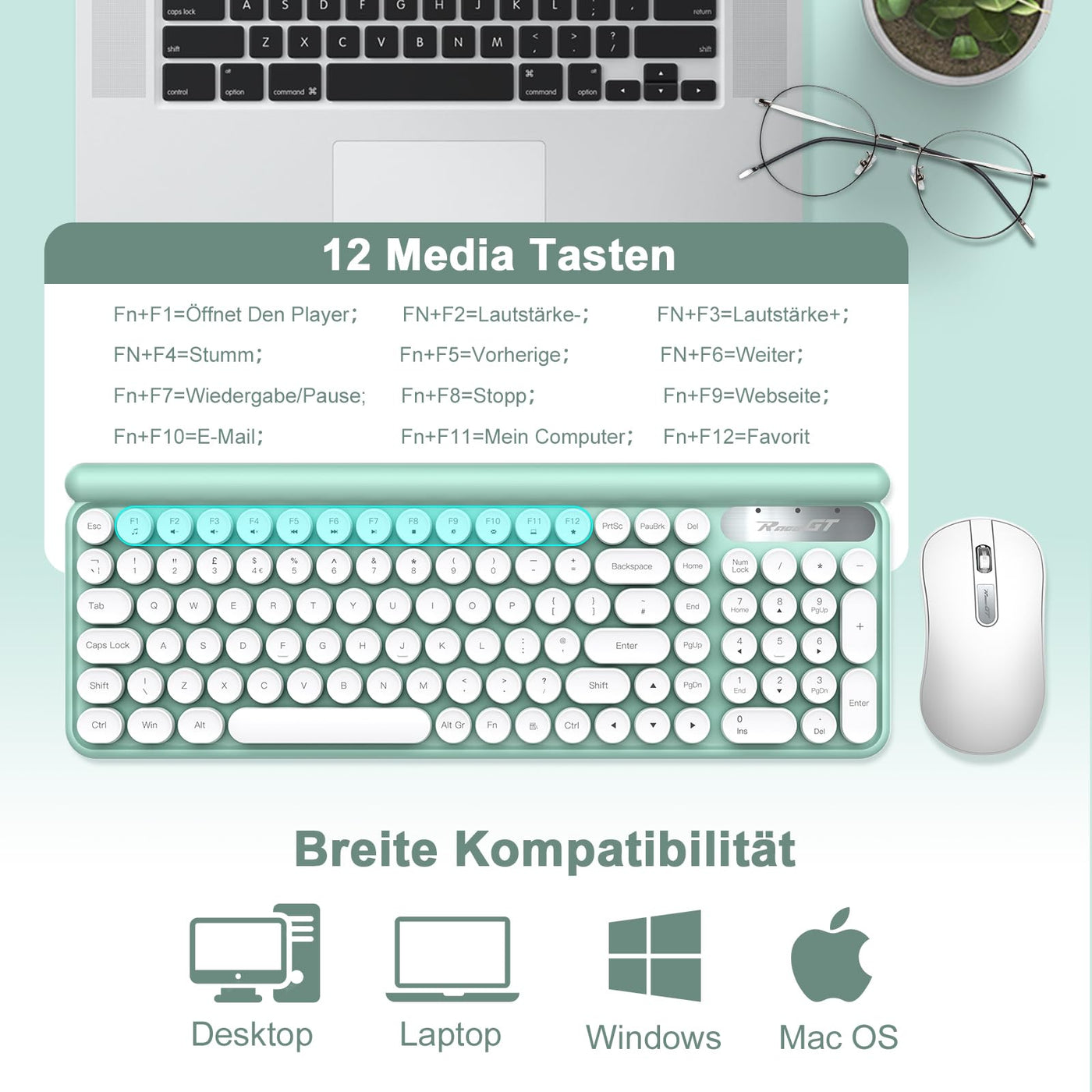 Tastatur Maus Set Kabellos,RaceGT Retro Schreibmaschine Tastatur Funktastatur mit Maus USB Grün Tastatur Bunt Maus und Tastatur Wireless Keyboard and Mouse QWERTZ Deutsch Layout