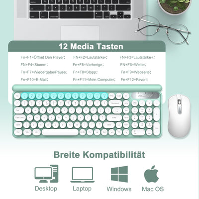 Tastatur Maus Set Kabellos,RaceGT Retro Schreibmaschine Tastatur Funktastatur mit Maus USB Grün Tastatur Bunt Maus und Tastatur Wireless Keyboard and Mouse QWERTZ Deutsch Layout