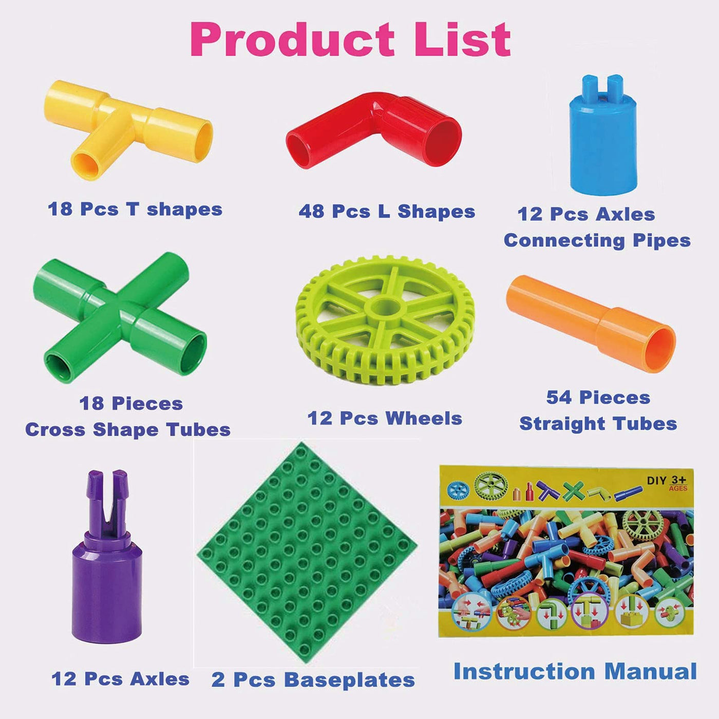 burgkidz Pipe Tube Toys, 188 Stück Klassische Bausteine Zusammenbau Steckbausteine Spielzeug mit Rädern und Grundplatte für Kinder, Geschenk für kreative Lernerziehung für Jungen und Mädchen
