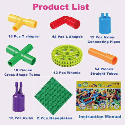 burgkidz Pipe Tube Toys, 188 Stück Klassische Bausteine Zusammenbau Steckbausteine Spielzeug mit Rädern und Grundplatte für Kinder, Geschenk für kreative Lernerziehung für Jungen und Mädchen