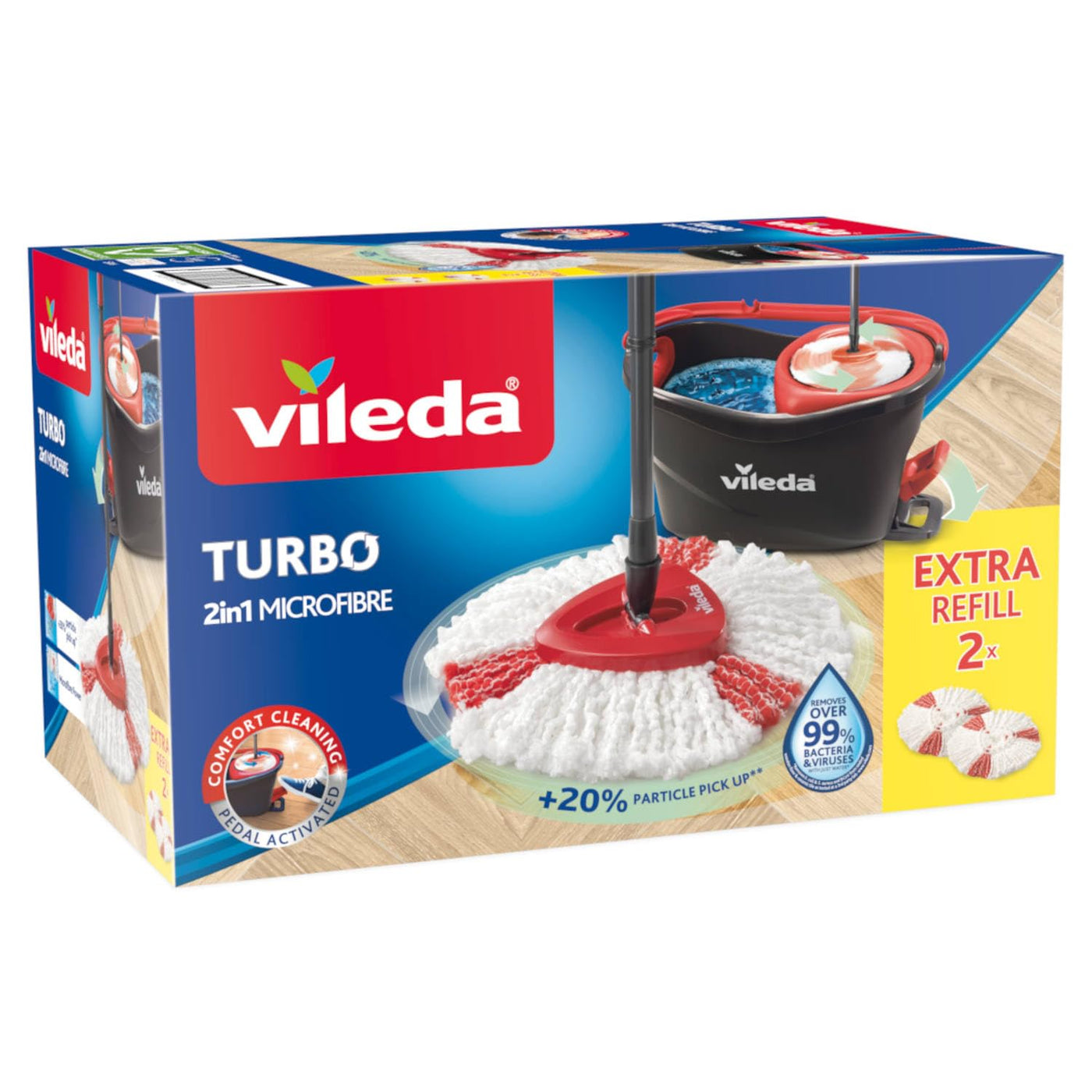 Vileda Turbo Mikrofaser Wischmopp und Eimer Set mit extra 2-in-1 Kopfersatz, Spin Mop zum Reinigen von Böden, Set aus 1x Mop, 1x Eimer und 1x Nachfüllpackung