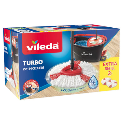 Vileda Turbo Mikrofaser Wischmopp und Eimer Set mit extra 2-in-1 Kopfersatz, Spin Mop zum Reinigen von Böden, Set aus 1x Mop, 1x Eimer und 1x Nachfüllpackung