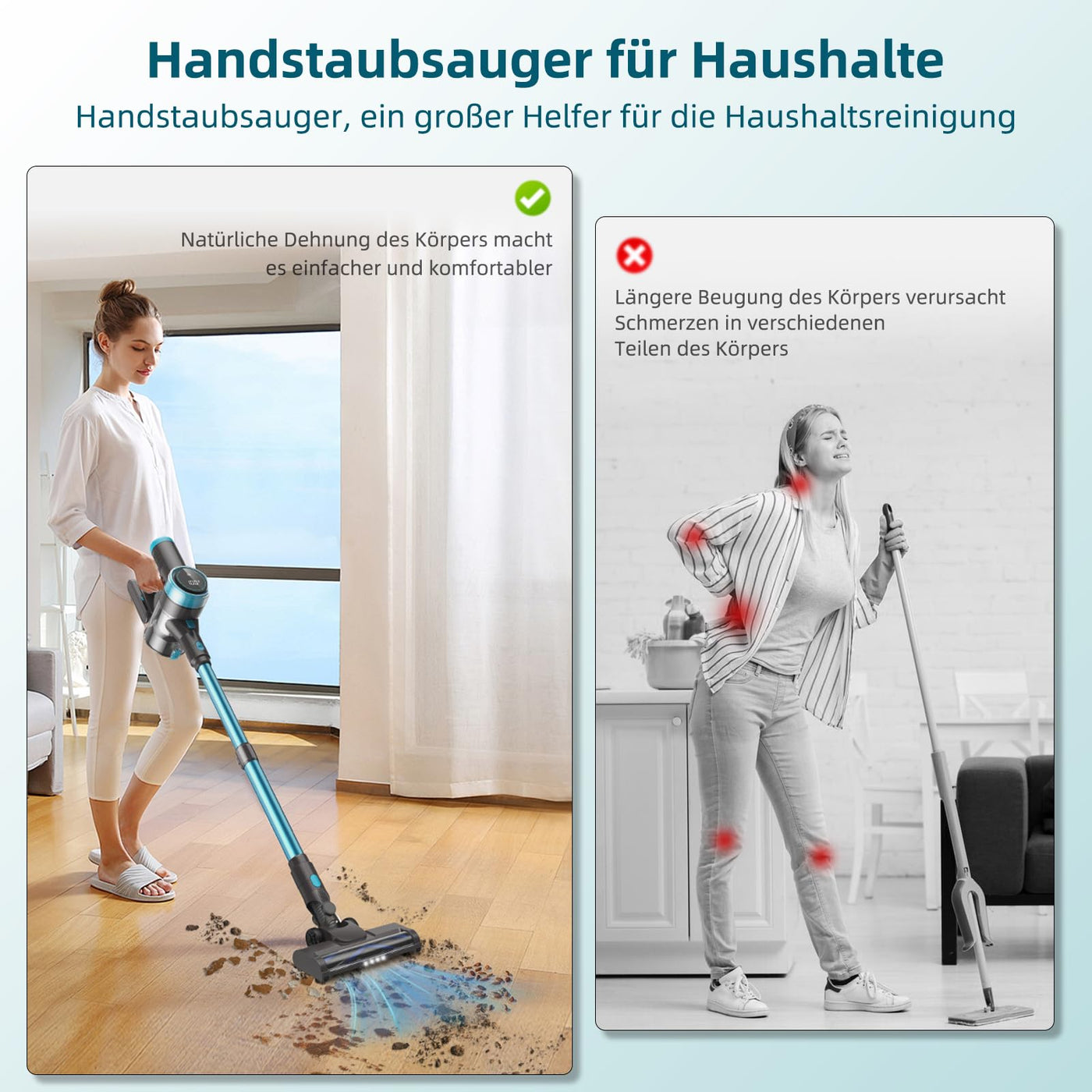 Quilted Northern 45KPa/550W/65Mins Akku Staubsauger, 1.5L Staubsauger Kabellos mit LED Touchscreen/Anti-Tangle-Bürste, Stabstaubsauger mit 4 Staubsaugerköpfe, für Hartböden/Teppich/Tierhaare
