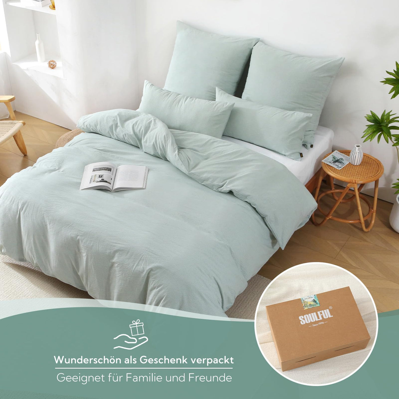 SOULFUL Bettwäsche 135x200 Baumwolle Gestreift, 100% Gewaschene Baumwolle Bettwäsche-Sets Grün mit Reißverschluss öKotex Zertifiziert Enthält 1 Bettbezug 135x200 und 1 Kissenbezüge 80x80