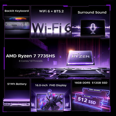 Tivique Gaming Laptop,Ryzen 7 7735HS,Bis zu 4,8 GHz,16GB Ram DDR5 4800MHz 512GB SSD,16 Zoll FHD Display Laptop,Gaming Notebook mit beleuchteter Tastatur,WiFi-6,Metal Housing