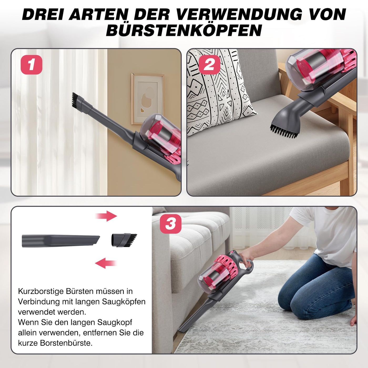 VickyHome 10KPA Wischsauger Kabellos Mit 1500mAh Akku, 3-Gang Wischsauger Staubsauger Auto Akkusauger Kabellos Milbensauger Für Matratzen, Entfernt 99,9% Allergene Von Matratzen