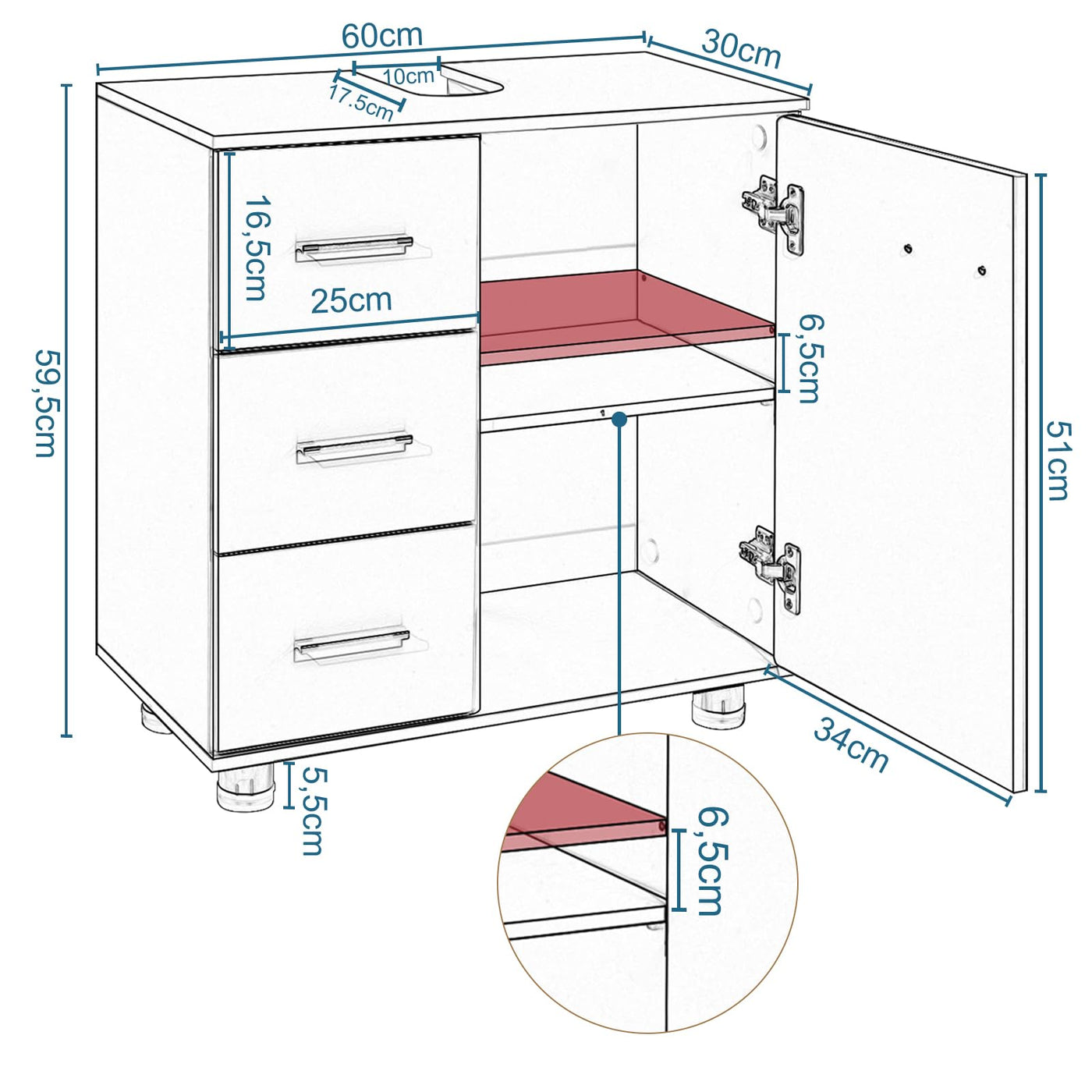 EUGAD Waschbeckenunterschrank, Badezimmerschrank mit 3 Schubladen, 2 Fächer hinter Tür, verstellbare Ablage, Badezimmer Unterschrank, Waschtischunterschrank weiß, 60x59,5x30 cm