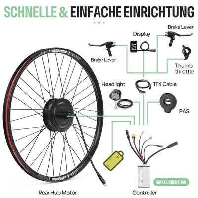 Varstrom Ebike Umbausatz 250W mit Akku 36V13Ah Unterrohr Batterie 26/28 Zoll Ebike Umbausatz E-Bike Hinterrad Bürstenloser Motor Elektrofahrrad Conversion Kit für Scheibenbremse Fahrrad