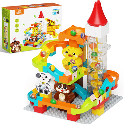 burgkidz Murmelbahn Bauklötze, Motorisierter Aufzug Kugelbahnen mit Niedlichem Tier Konstruktionsspielzeug, 4-in-1 Konfiguration Murmellabyrinth Set, Geschenk für Kinder von 3-7 Jahren, 92 teiliges