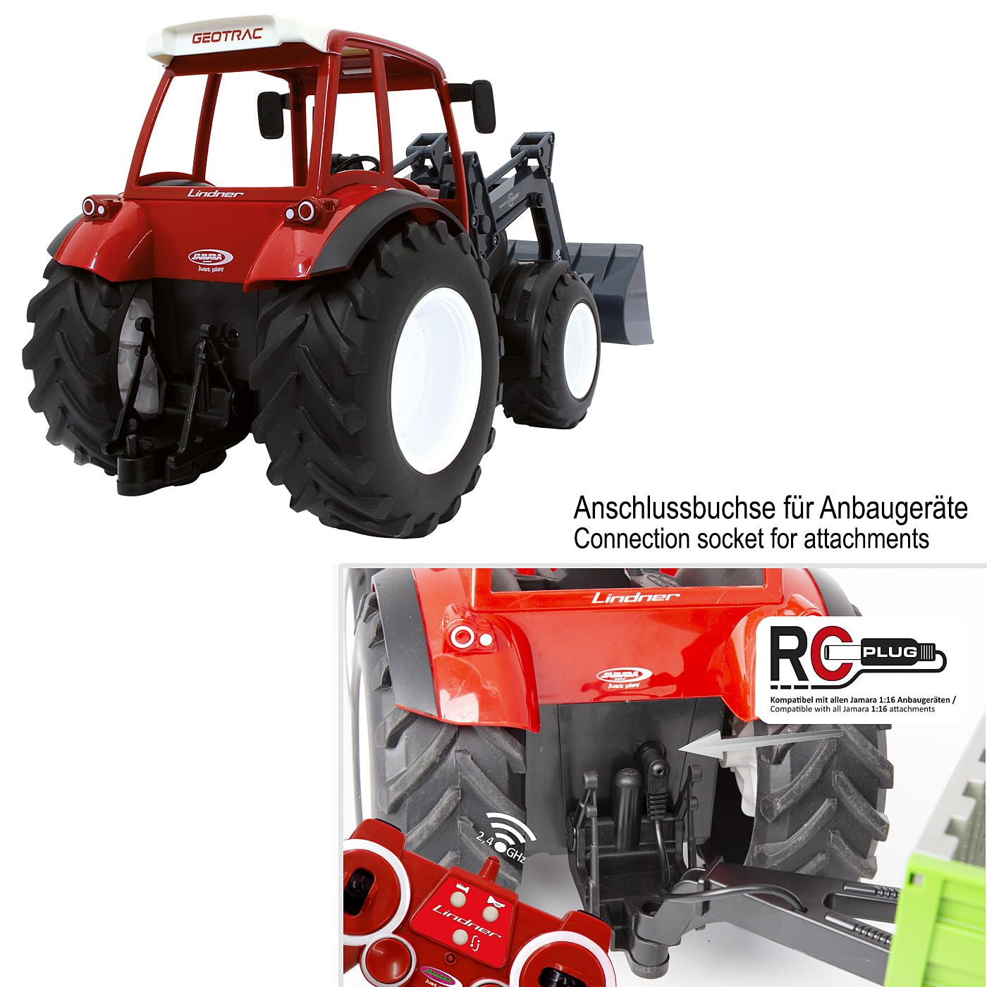 JAMARA 405050 Lindner Geotrac mit Frontlader 1:16 2,4GHz – realistischer Motorsound (abschaltbar), Rückfahrwarnsound, Hupe, 2 Radantrieb, helle LED‘s vorne, Blinker, Demofunktion, Rot